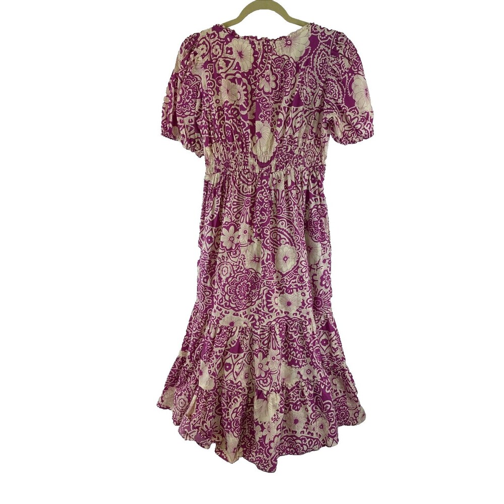 Umgee Tiered Midi Dress Pink Floral Puff Sleeves Boho Summer Indie Smocked Large - Picture 6 of 11